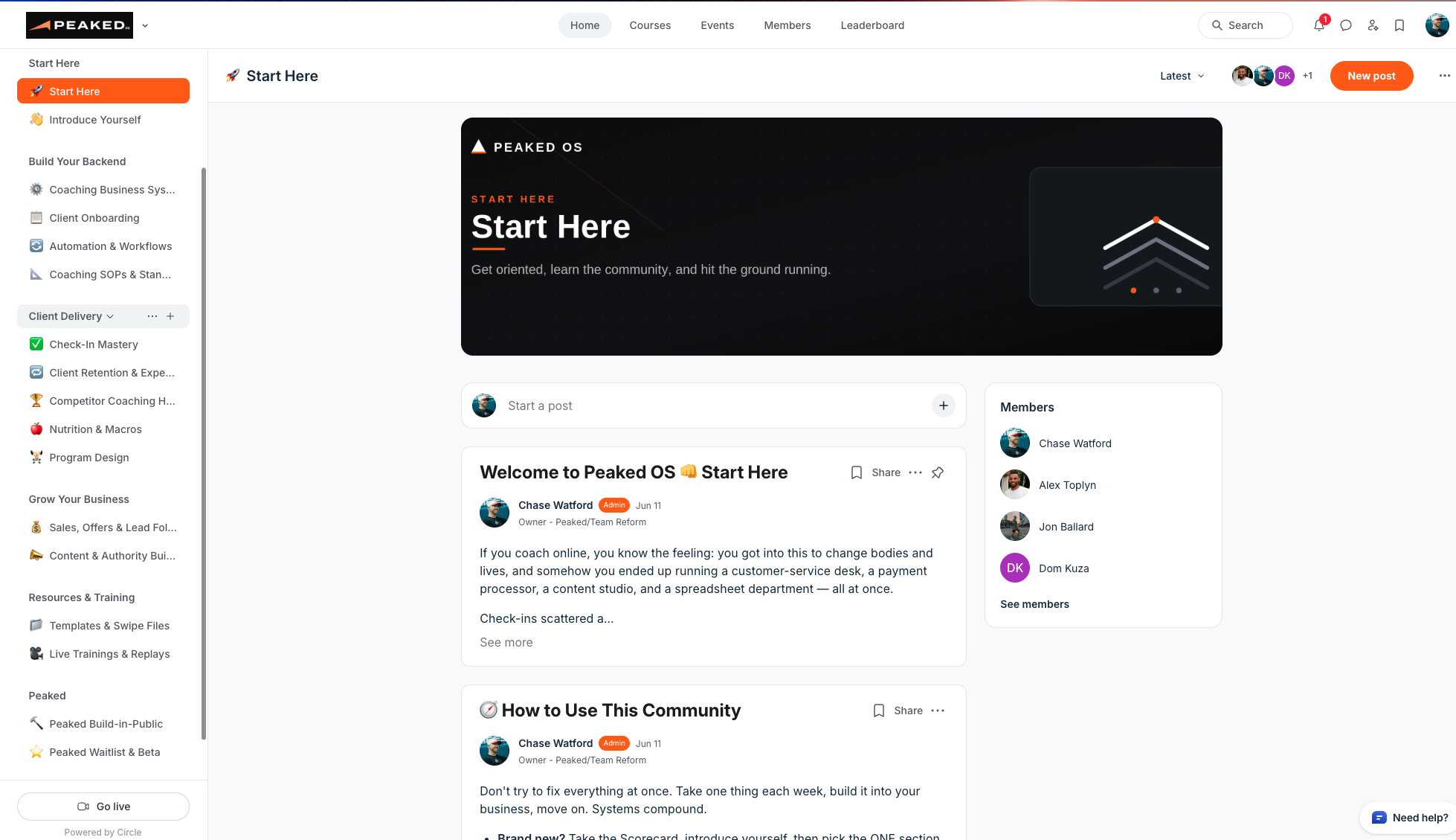 The Peaked OS Circle community, showing organized learning tracks, a member feed, and live training resources